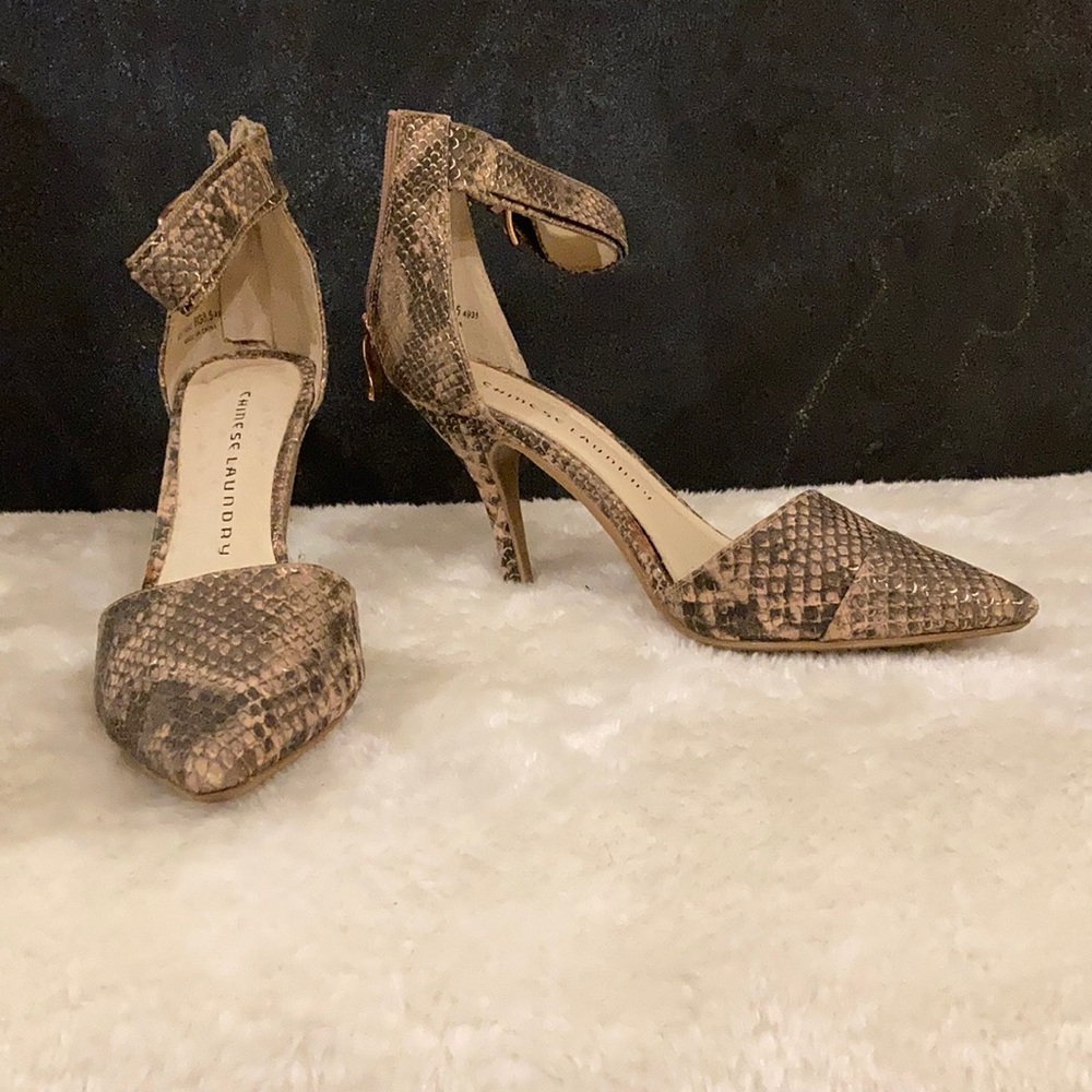 Chinese Laundry Snakeskin heels with rose gold